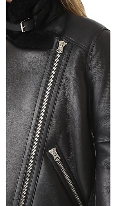 Shop Acne Studios Velocite Shearling Moto Jacket In Black/black