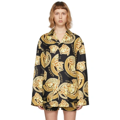 Shop Versace Black Silk Medusa Amplified Pyjama Shirt In 5b000 Gold