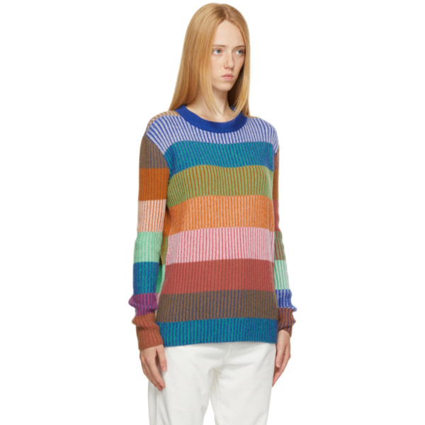 The Elder Statesman Cashmere Yatzy Stripe Ribbed Crew Sweater in Taupe,Blue