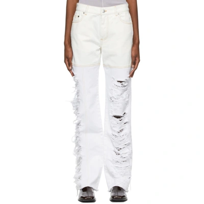 Shop Peter Do White Asymmetric Combo Rip Jeans In Eggshell