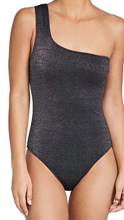 Shop Ganni Glitter Swimsuit In Black