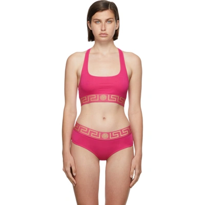 Shop Versace Pink Greca Border Sports Bra In 1p580 Pink