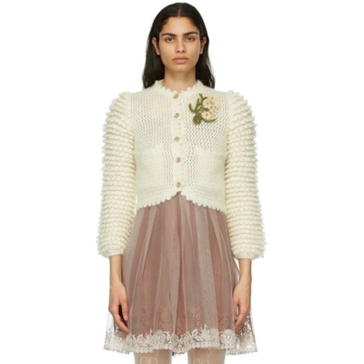 Shop Gucci Off-white Mohair Floral Brooch Cardigan In 9200 Ivory