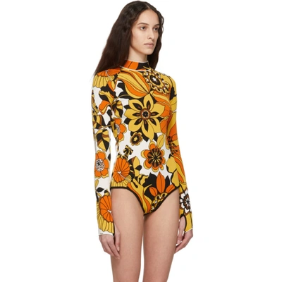 Shop Kwaidan Editions Orange Floral Jacquard Bodysuit In White & Ora