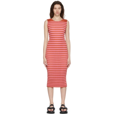 Shop Issey Miyake Pink Striped Spongy Dress In 37-orange-hued