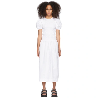 Shop Ganni White Cotton Poplin Shirred Dress In 151 Bright White