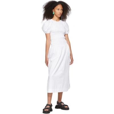 Shop Ganni White Cotton Poplin Shirred Dress In 151 Bright White