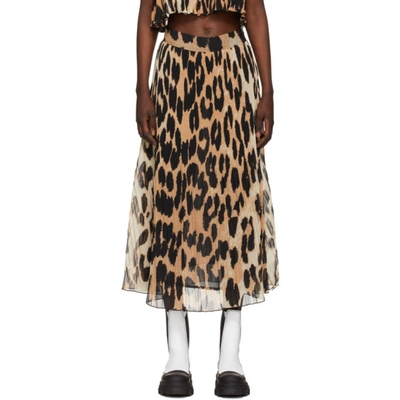Shop Ganni Beige & Black Georgette Pleated Skirt In 994 Maxi Leopard