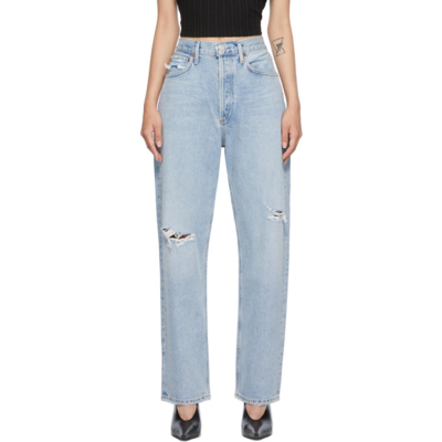 Shop Agolde Blue Distressed 90s Mid-rise Loose Fit Jeans In Captured