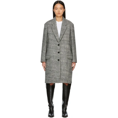 Shop Isabel Marant Black & White Wool Fegozi Oversize Coat In Bkec Black/
