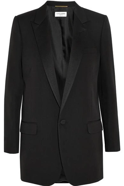 Shop Saint Laurent Satin-trimmed Wool Blazer In Black