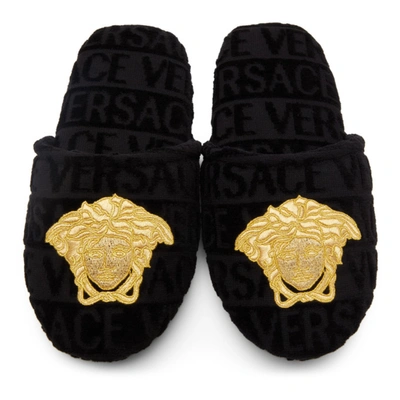Shop Versace Black & Gold Medusa Head Slippers In Z4557 Blgld
