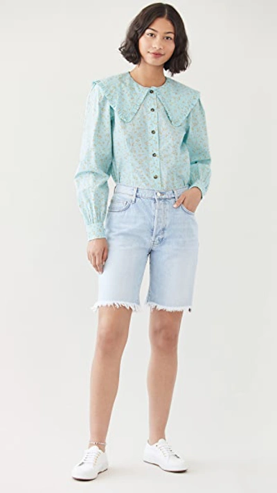 Shop Ganni Printed Cotton Poplin Shirt In Corydalis Blue