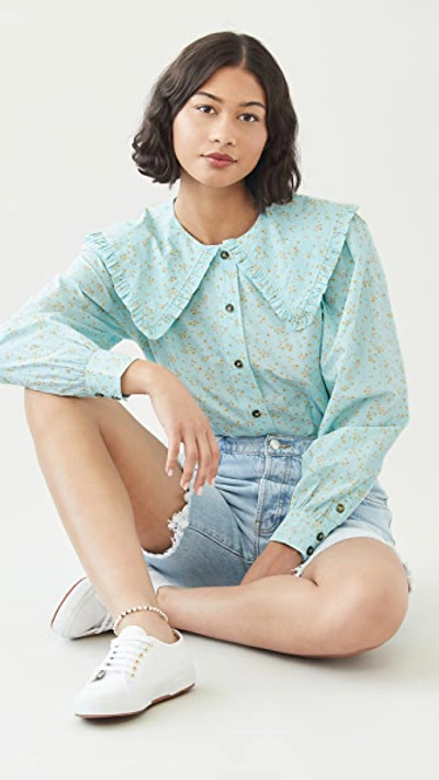 Shop Ganni Printed Cotton Poplin Shirt In Corydalis Blue