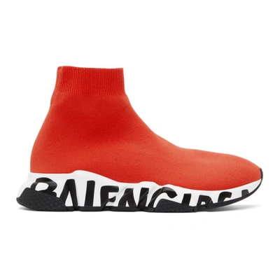 Shop Balenciaga Red Graffiti Sole Speed Sneakers In Red/white