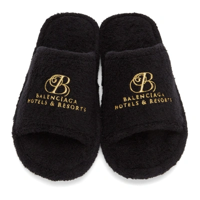 Shop Balenciaga Black Terrycloth Resorts Home Slide Sandals In 1010 Black/gold