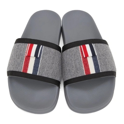 Thom Browne Tricolour-stripe Wool-twill And Rubber Slides In 035 Med Grey