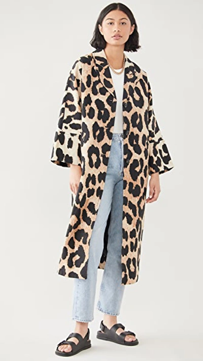 Shop Ganni Linen Canvas Coat In Maxi Leopard