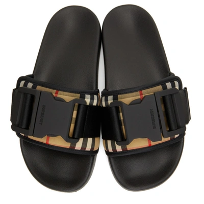 Shop Burberry Beige & Black Buckled Strap Slides In Archive Beige Chk