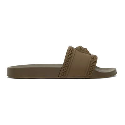 Shop Versace Khaki Palazzo Pool Slides In 1k250 Khaki