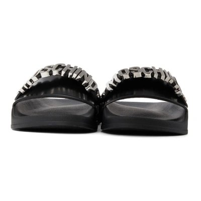 Shop Moschino Black & Silver Logo Lettering Pool Slides In 00a Fantasy Color