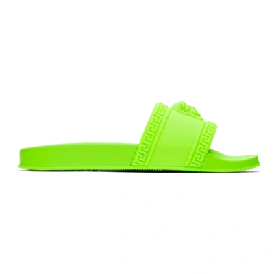 Shop Versace Green Palazzo Pool Slides In Df4 Fluo