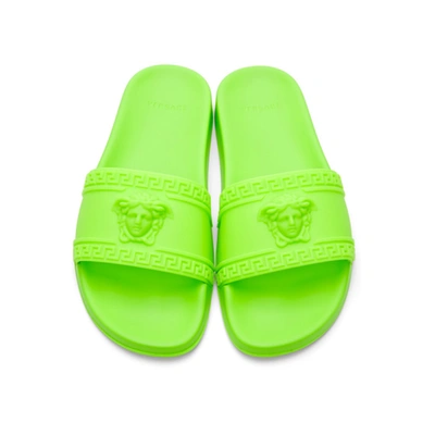 Shop Versace Green Palazzo Pool Slides In Df4 Fluo