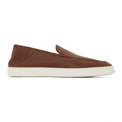 Shop Giorgio Armani Brown Leather Washed Sneakers In P013 Brown