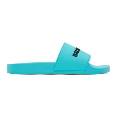 Balenciaga Men's Logo Pool Slide Sandals In Blue | ModeSens