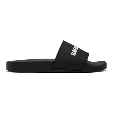 Shop Balenciaga Black & White Rubber Logo Pool Slides In 1006 Blkwht