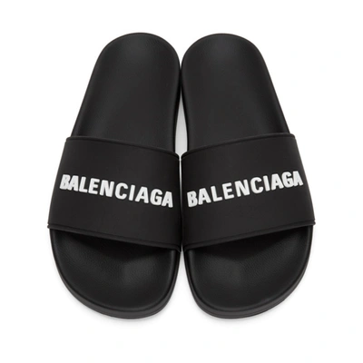 Shop Balenciaga Black & White Rubber Logo Pool Slides In 1006 Blkwht