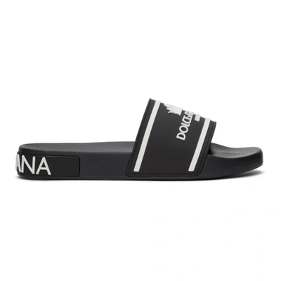 Shop Dolce & Gabbana Black & White Rubber Logo Slides In 89690 Nero/bianco