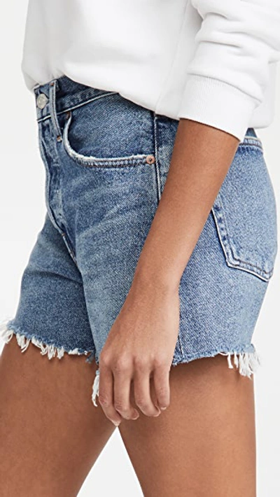 Agolde Parker Distressed High Waist Organic Cotton Denim Shorts In Skywave