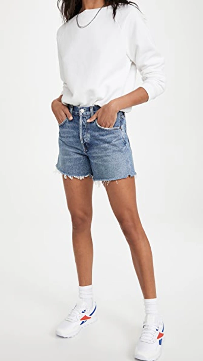 Agolde Parker Distressed High Waist Organic Cotton Denim Shorts In Skywave