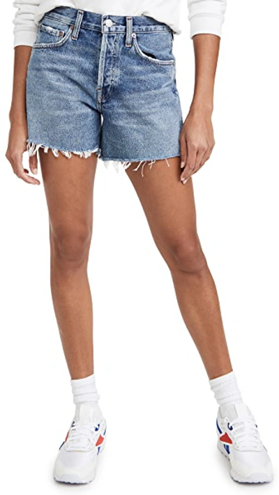 Agolde Parker Distressed High Waist Organic Cotton Denim Shorts In Skywave