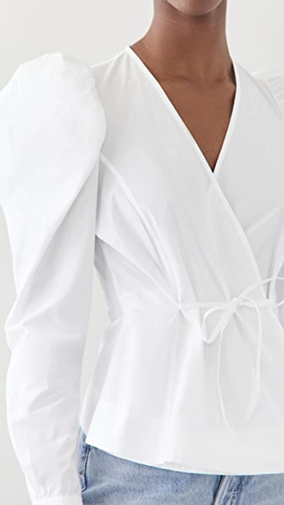 Shop Ganni Cotton Poplin Wrap Blouse In Bright White