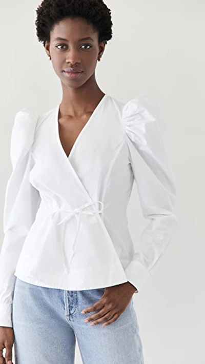Shop Ganni Cotton Poplin Wrap Blouse In Bright White