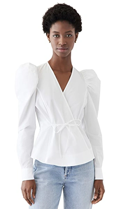 Shop Ganni Cotton Poplin Wrap Blouse In Bright White