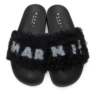 Shop Marni Black Furry Slides In Zl754 Black