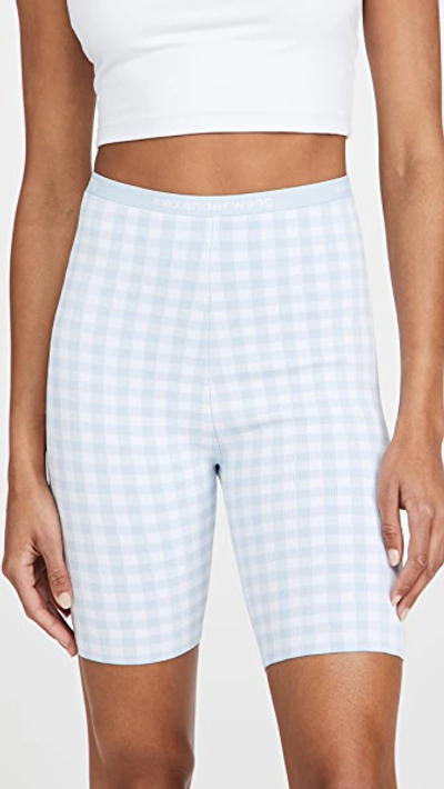 Shop Alexander Wang T Gingham Bodycon Bike Shorts In Oxford Blue/white