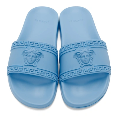 Shop Versace Blue Palazzo Pool Slides In D7j Ceruleo