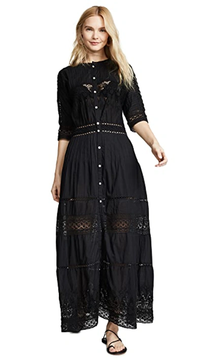 Loveshackfancy Beth Button-front Cotton Coverup Dress With Crochet Lace In Black