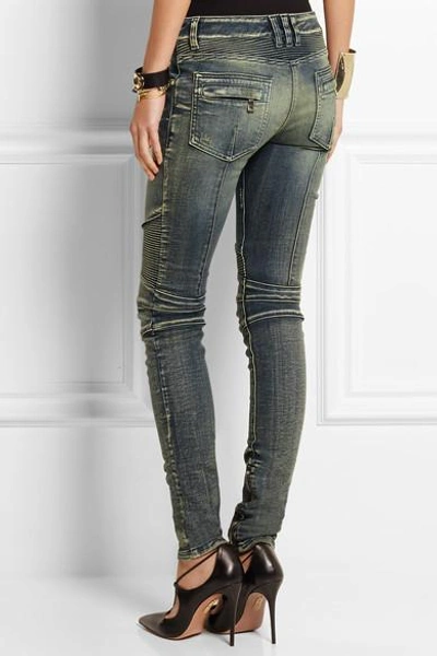 Shop Balmain Moto-style Distressed Low-rise Skinny Jeans In Blue