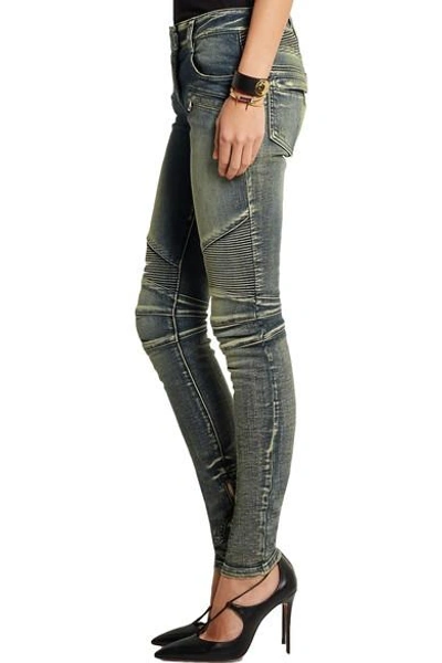 Shop Balmain Moto-style Distressed Low-rise Skinny Jeans In Blue