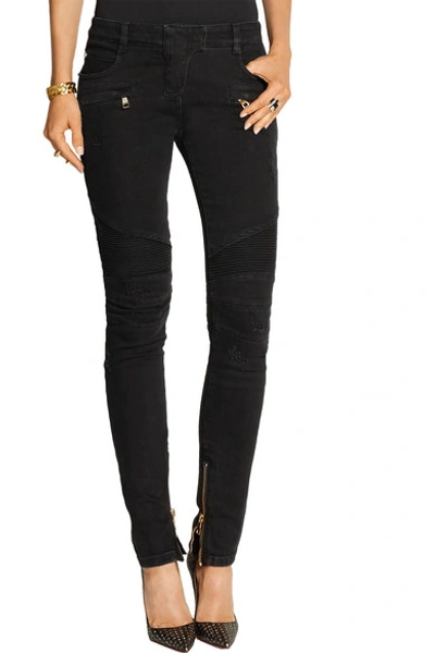 Shop Balmain Moto-style Distressed Low-rise Skinny Jeans In Black
