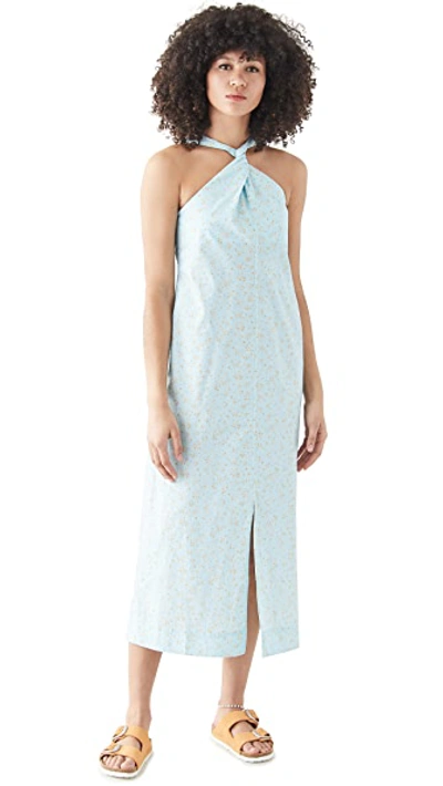 Shop Ganni Printed Cotton Poplin Dress In Corydalis Blue