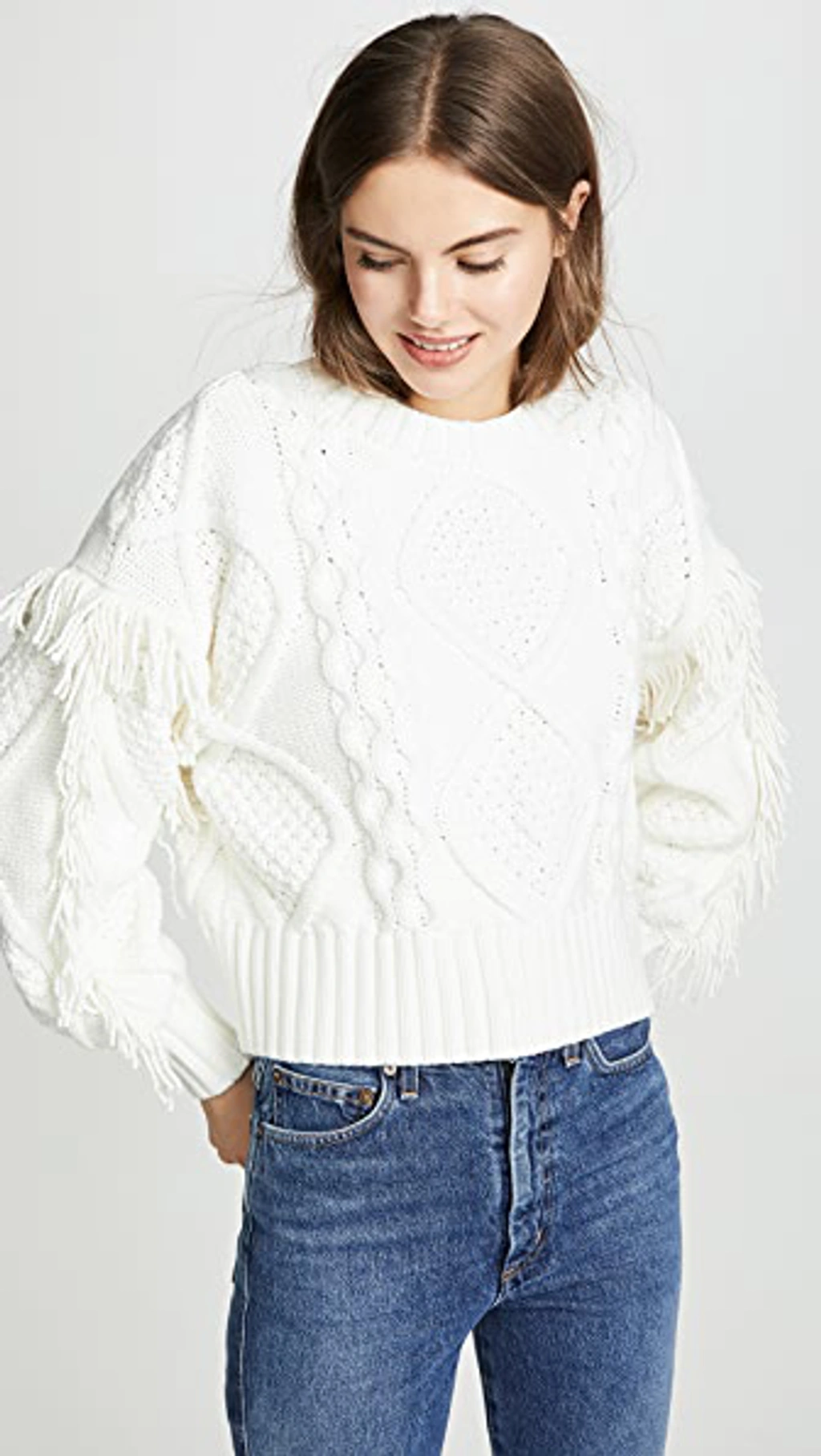 Line Dot Jasper Fringe Cable Knit Sweater In Ivory ModeSens