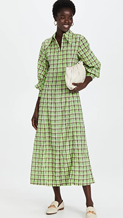 Ganni Checked Organic Cotton-blend Seersucker Midi Dress In Oyster Gray |  ModeSens