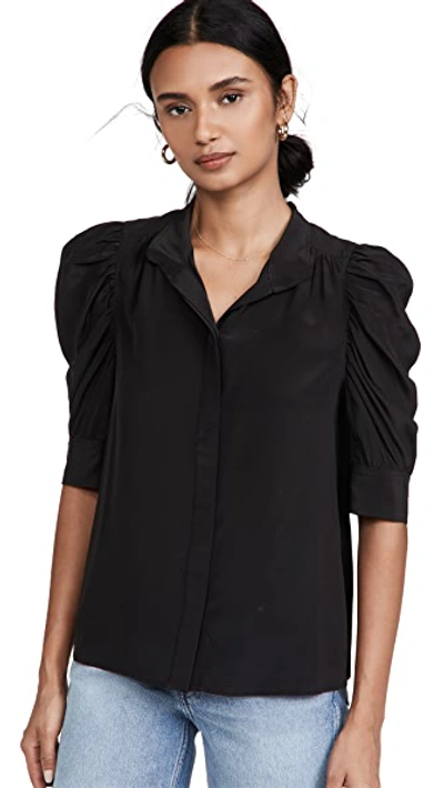 Frame Pleated Puff-sleeve Silk Mockneck Top In Noir