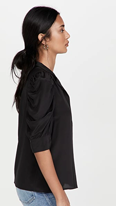Frame Pleated Puff-sleeve Silk Mockneck Top In Noir